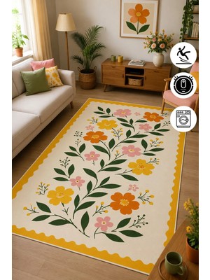 Pelura Halı Renkli Floral Desen Sarı Çerçeveli Baskılı Kaymaz Yıkanabilir Salon Oturma Odası Mutfak Balkon Halısı Yolluk