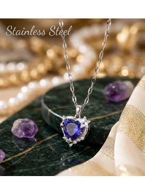 Stainless Steel 316L Çelik Zincir Gümüş Renk Mor Kalp Model Kolye