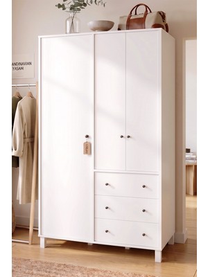 Robin Home Lena Geniş Gardırop Elbise Dolabı 52CM Derinlik 3 Kapaklı 2 Çekmeceli Ahşap Ayaklı Genç ve Çocuk Odası Beyaz