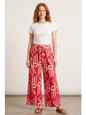 Hadiora Kadın Kırmızı Desenli Bol Paça Pantolon - Yüksek Bel Atlas Pantolon