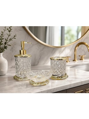 Kozak Serra Premium Cam + Metal Banyo Aksesuar Seti 3'lü - Kristal Sabunluk , Katı Sabunluk ve Diş Fırçalık Seti