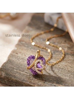 Stainless Steel 316L Çelik Zincir Gold Renk Mor Kalp Model Kolye