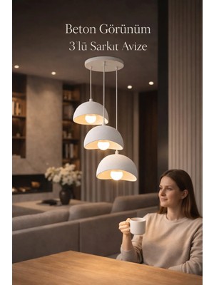 Beton Görünümlü 3’lü Sarkıt Avize – Toz Tutmayan Bio Yapı Modern Tavan Lambası (E27 Ampul Içerir)