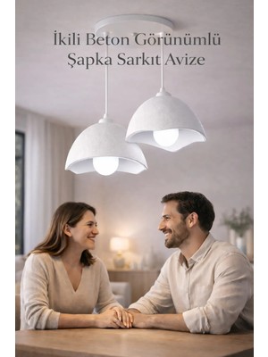 Ikili Beton Görünümlü Şapka Avize Sarkıt Loft Stil Modern, Vegan, Çevre Dostu, Salon Mutfak