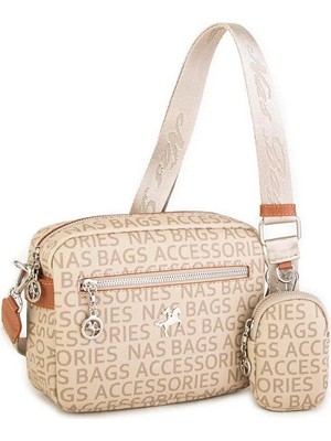 Nas Bag Kadın Çapraz Çanta Mini Cüzdanlı Ayarlanabilir Askılı Vizon Taba Yazılı