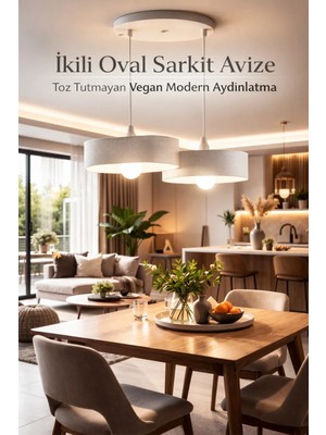 Ikili Beton Görünümlü Oval Avize Sarkıt, Toz Tutmayan, Vegan, Oturma Odası Salon Mutfak Çocuk Odası