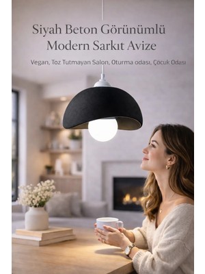 Siyah Beton Görünümlü Modern Sarkıt Avize, Vegan, Toz Tutmayan Salon, Oturma Odası, Çocuk Odası