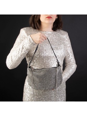 Nas Bag Kadın Çapraz  Çanta  Siyah White Diamond Beyaz Taşlı Ayarlanabilir Askılı
