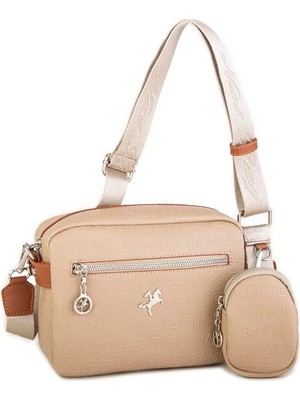 Nas Bag Kadın Çapraz Çanta Mini Cüzdanlı Ayarlanabilir Askılı Vizon Taba   Gofraj