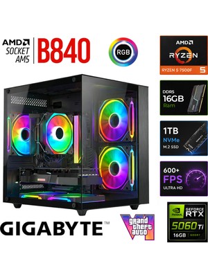 Xaser Monark X50 Ryzen 5 7500F/16GB RTX5060 Ti/1tb M.2 Nvme SSD/16GB Ddr5 Siyah-Gaming Oem Oyuncu Paket