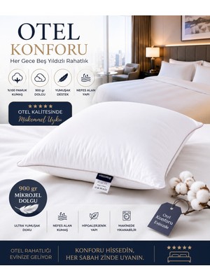 Viscolog Otel Konforu Rahat Mikrojel Yastık %100 Pamuk Kumaş 900 gr Dolgu Hipoalerjenik Nefes Alan 50X70 cm (Tela Çantalı)