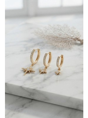 Hobilinka Mey Ithalat® Gold Renk Kutup Yıldız Model 3 Lü Küpe Seti