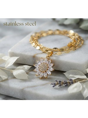 Stainless Steel Gold Renk Titanyum Altın Kaplama Ayçiçeği Model Kolye