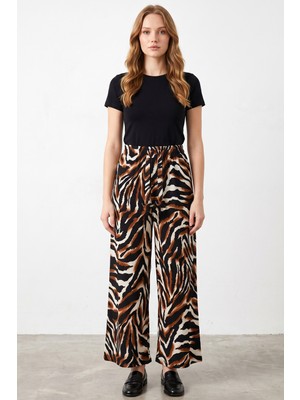 Hadiora Kadın Siyah Taba Zebra Desenli Bol Paça Pantolon - Yüksek Bel Atlas Pantolon