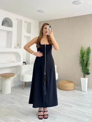 Aymood Kadın Askılı Kare Yaka Önden Fermuarlı Geniş Kesim Janjan Krep Elbise