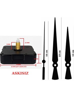 Marvielle Yüksek Kaliteli Siyah Askısız Akar Saat Mekanizması, 16MM Şaft, 3D Uyumlu - Duvar Saati