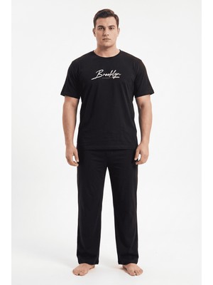 Fames Büyük Beden Yazlık Erkek Brooklyn Yazılı Pijama Takımı