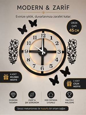 Marvielle LED Işıklı Modern , 45 cm Çapında Sessiz ve Şık Tasarım - Duvar Saati