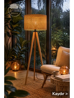 Vivido Home Silindir Doğal Rattan Hasır Ahşap Lambader