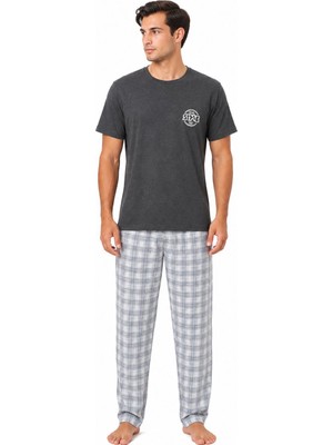  erkek kısa kollu pijama takımı – nakış detaylı üst & ekose alt