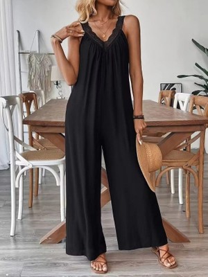 Lune Store Kadın Akılı V Dantel Yakalı Geniş Kesim Detaylı Viskon Tulum