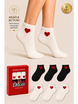 Ducks Socks Kadın Kalp Desenli Patik Çorap Kutulu Pamuklu 6'lı Dikişsiz Hediye Kutulu Çorap