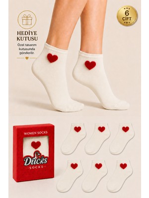 Ducks Socks Kadın Kalp Desenli Patik Çorap Kutulu Pamuklu 6'lı Dikişsiz Hediye Kutulu Çorap