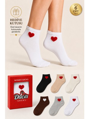 Ducks Socks Kadın Kalp Desenli Patik Çorap Kutulu Pamuklu 6'lı Dikişsiz Hediye Kutulu Çorap