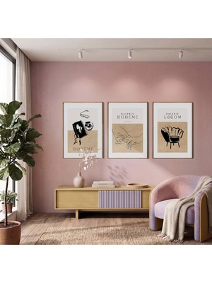 Bej Tonlu Bohem Çizgiler 3'lü Ahşap Çerçeveli Tablo Seti Bohem Tablo Poster Tablo Resim Çerçevesi