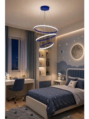 Legacy Rings Modern Tasarım Mavi Renk - Yatak Odası - Salon -Çocuk Odası - Mutfak Beyaz LED 3 Lü Avize