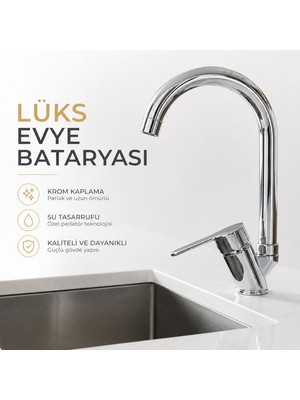 Badem10 Lüks Evye Bataryası Zarif Tasarım Parlak Krom Yüksek Gövdeli Döner Borulu Mutfak Armatürü Premium