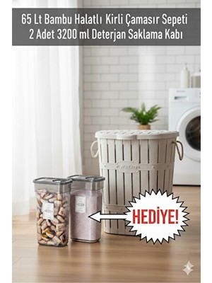 Marvielle Bambu Halatlı 65 Lt Kirli ve Hediye Deterjan Kabı Seti - Çamaşır Sepeti