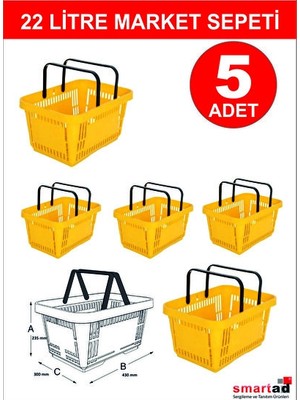 Marvielle Sarı Market Sepetleri - 22 Litre, 5'li Set, Saplı ve Hafif - Sepet
