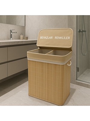 Marvielle Bambu Renkli Ayrı Bölmeli , 52X32X60CM, 100 Litre, Şık ve Fon - Çamaşır Sepeti