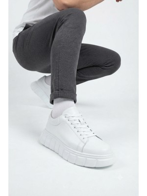 Zerenyus ZRJ144 Premium Kalite Bağcıklı Yüksek Taban Casual Erkek Sneaker Beyaz