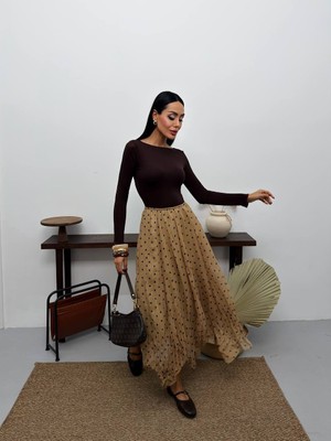 Ergün Dame Kadın Uzun Trend Şifon Puantiye Etek - Tesettüre Uygun 93 cm