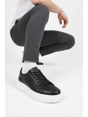 Zerenyus ZRJ144 Premium Kalite Bağcıklı Yüksek Taban Casual Erkek Sneaker Siyah Beyaz