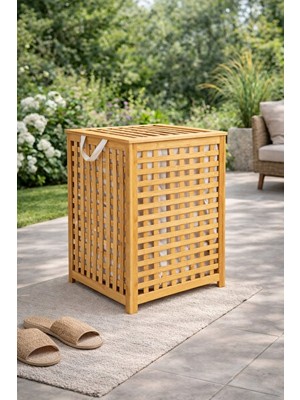 Marvielle Modern Ahşap ve Bambu , Iç Alı ve Kapaklı, 58X40 cm - Çamaşır Sepeti