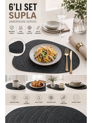 Ogmiva 6'lı Premium Keçe Supla Amerikan Servis 32X40 cm Isıya Dayanıklı Leke Tutmaz Masa Koruyucu Sofra Altlığı