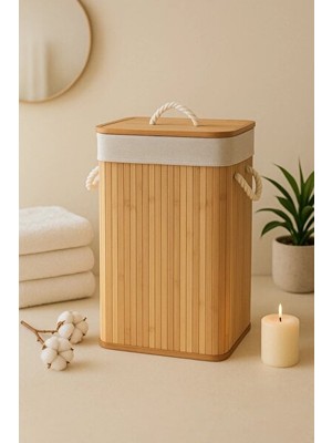 Marvielle Modern Dekoratif Bambu Kapaklı , 72 Litre Kapasiteli - Çamaşır Sepeti
