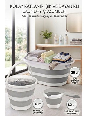 Marvielle 3'lü Katlanabilir Çamaşır ve Su Kovası Seti - Pratik ve Taşınabilir - Çamaşır Sepeti