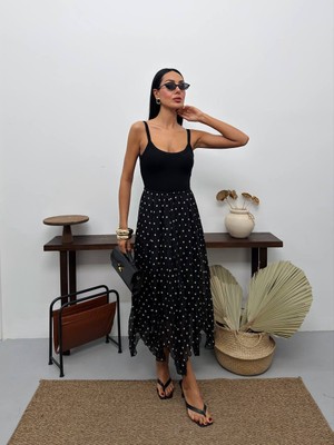 Ergün Dame Kadın Uzun Trend Şifon Puantiye Etek - Tesettüre Uygun 93 cm
