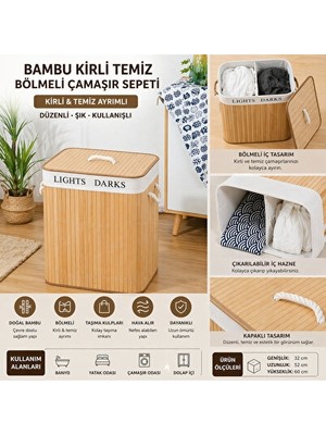 Marvielle Bambu Kapaklı Bölmeli , Darks & Lights Ayrımıyla Düzenli Sakl - Çamaşır Sepeti