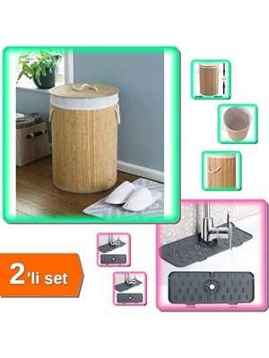 Marvielle Bambu Yuvarlak Kirli Sepet + Lavabo Musluk Sızdırmaz Mat - 2'li Set - Çamaşır Sepeti