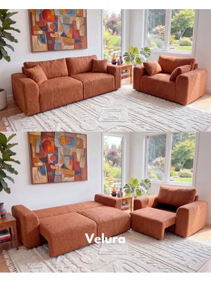 Velura Home & Living Sora 3+3+1 Yataklı ve Sandıklı Koltuk Takımı - Kiremit