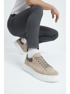 Zerenyus ZRJ144 Premium Kalite Bağcıklı Yüksek Taban Casual Erkek Sneaker Krem Süet