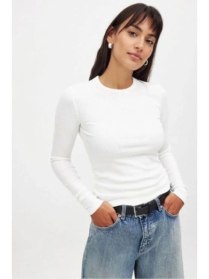 CHEISU Kadın Beyaz Uzun Kollu Bisiklet Yaka T-shirt Bluz Kaşkorse Fitilli