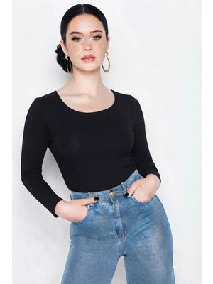 CHEISU Kadın Siyah Uzun Kollu Yuvarlak Yaka T-Shirt Bluz Kaşkorse Fitilli