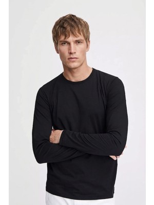 CHEISU Erkek Siyah Basic Bisiklet Yaka Uzun Kollu T-Shirt %100 Pamuk Sweatshirt