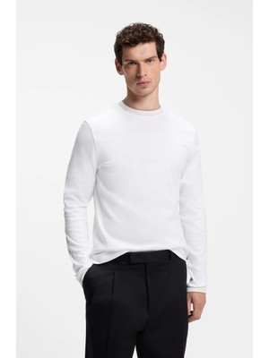 Boss Erkek Normal Kesim Yuvarlak Yakalı Yumuşak Merserize Pamuklu Uzun Kollu Beyaz T-Shirt 50565601-100